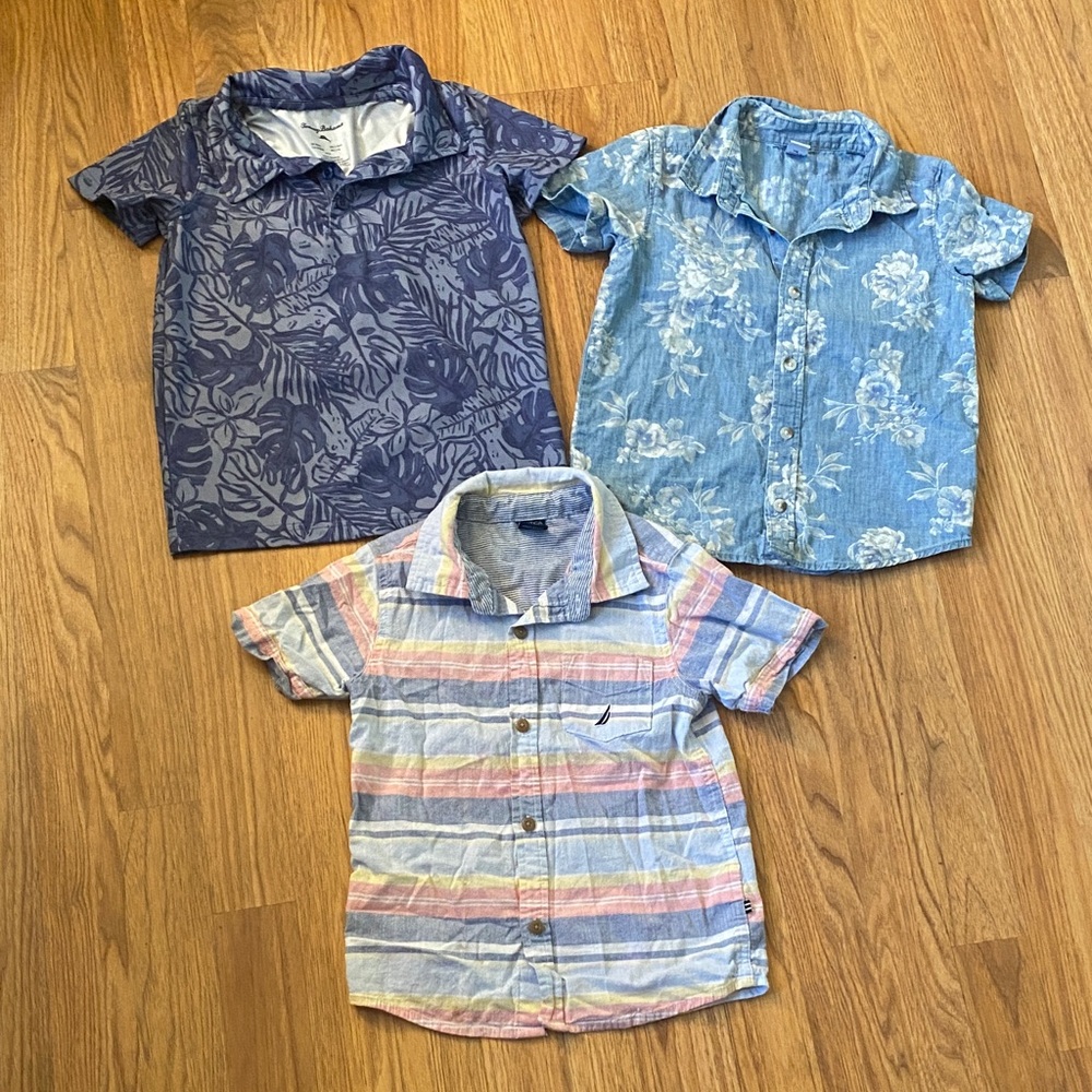 Three stylish boys size 5 collared summer vacation shirts.